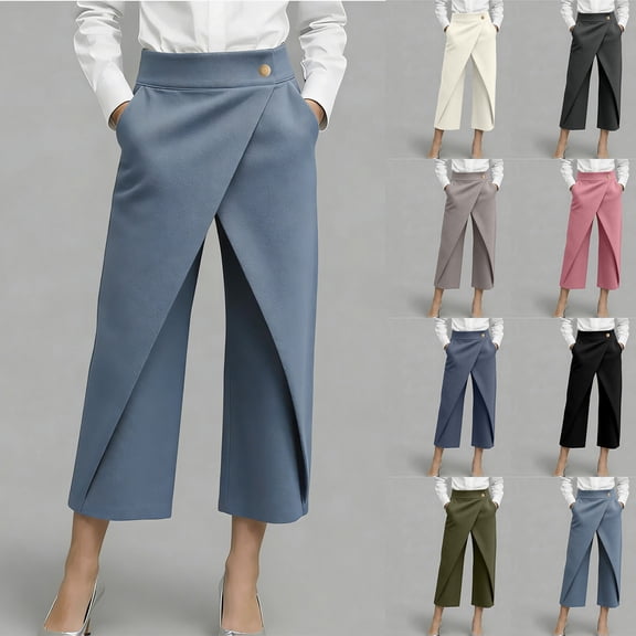 Women's Soft Wide Leg Cropped Pants, High Waisted with Wrapped Front & Decorative Buttons, Flowy Tummy Control Silhouette, Casual for Work, Beach, & Daily Wear, Capri Pant,