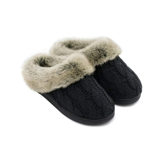 Women's Soft Yarn Cable Knitted Slippers Memory Foam Anti-Skid Sole House Shoes w/Faux Fur Collar, Indoor & Outdoor