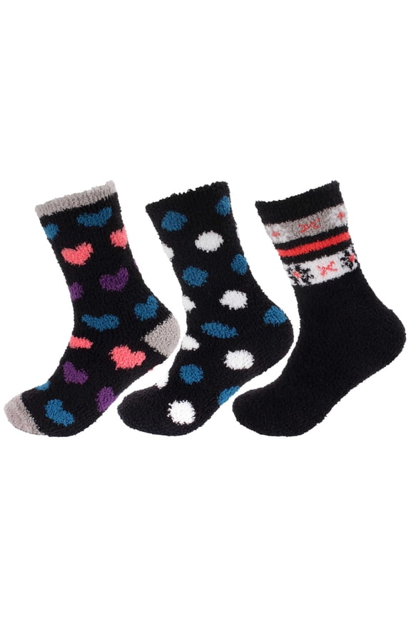 Women's Soft and Cozy Extra Large Fuzzy Assorted Crew Socks, 3 Pairs, Assortment H