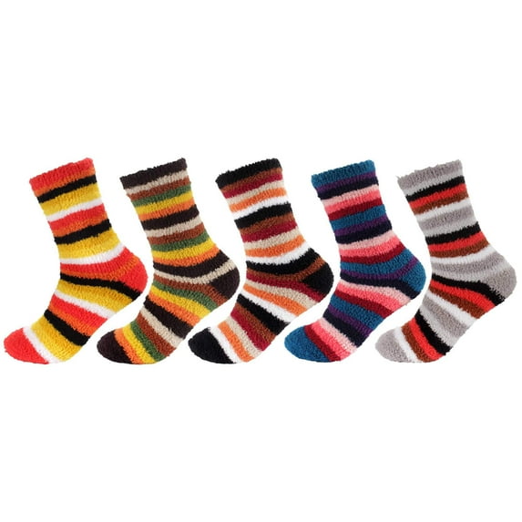 Women's Soft and Cozy Extra Large Fuzzy Assorted Crew Socks, 5 Pairs, Assortment E