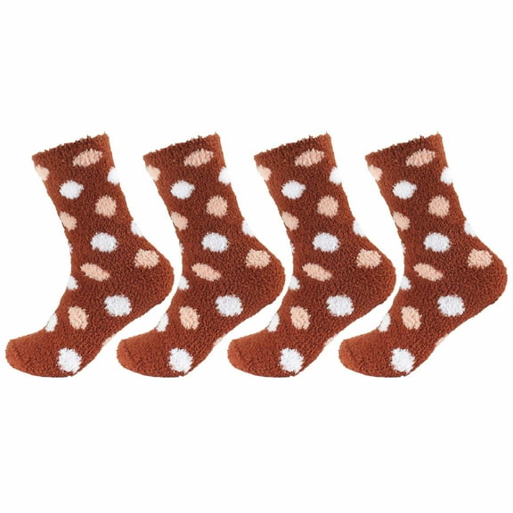 Women's Soft and Cozy Extra Large Fuzzy Crew Socks, 4 Pairs, Color 04 Dot Brown Pink