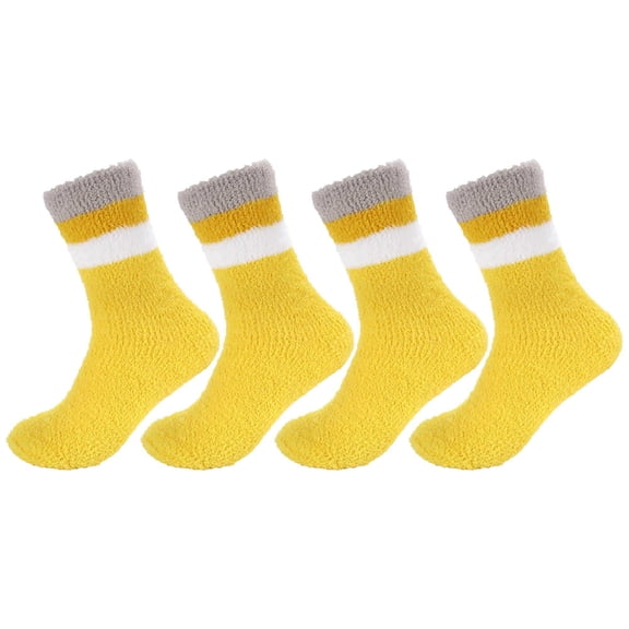 Women's Soft and Cozy Extra Large Fuzzy Crew Socks, 4 Pairs, Color 17 Solid Stripes Yellow