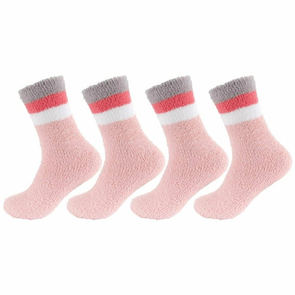 Women's Soft and Cozy Extra Large Fuzzy Crew Socks, 4 Pairs, Color 20 Solid Stripes Pink