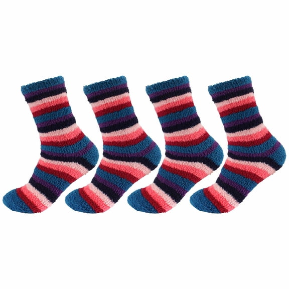 Women's Soft and Cozy Extra Large Fuzzy Crew Socks, 4 Pairs, Color 23 Stripes Blue