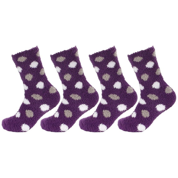 Women's Soft and Cozy Fuzzy Crew Socks, 4 Pairs, Color 03 Dot Purple Grey