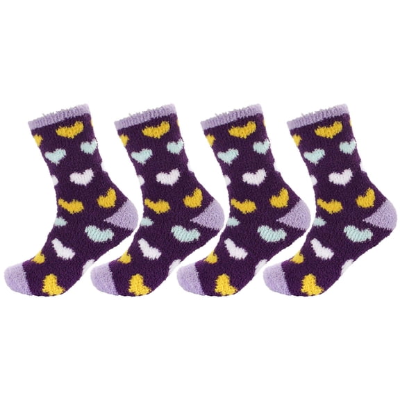 Women's Soft and Cozy Fuzzy Crew Socks, 4 Pairs, Color 13 Hearts Purple
