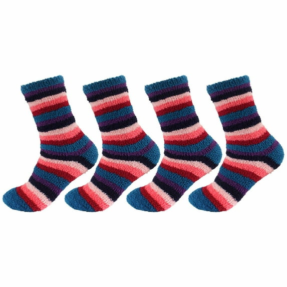 Women's Soft and Cozy Fuzzy Crew Socks, 4 Pairs, Color 23 Stripes Blue