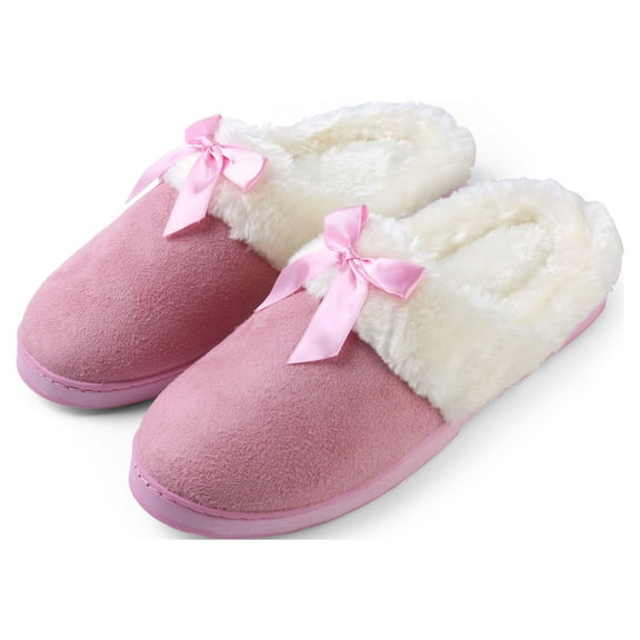 Women's Soft and Cozy Ribbon Bow Plush Slippers With No-Slip Rubber Sole For Indoor, Outdoor, Spa Use (Pink)