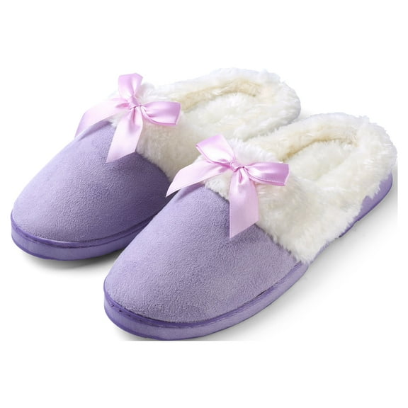 Women's Soft and Cozy Ribbon Bow Plush Slippers With No-Slip Rubber Sole For Indoor, Outdoor, Spa Use (Purple)