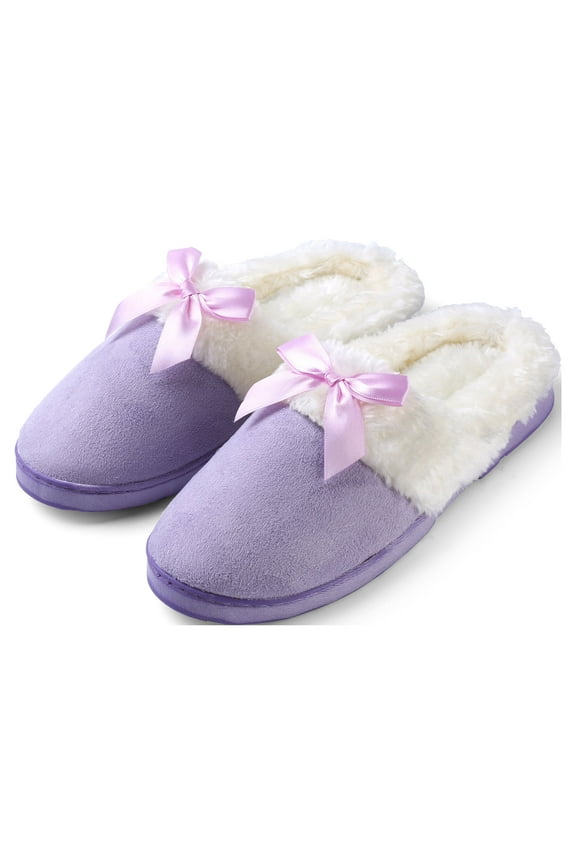 Women's Soft and Cozy Ribbon Bow Plush Slippers With No-Slip Rubber Sole For Indoor, Outdoor, Spa Use (Purple)