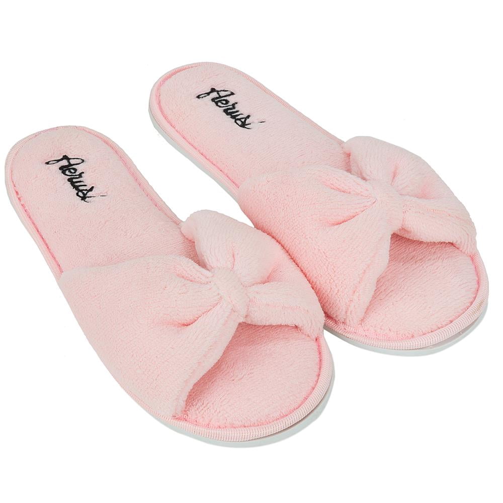 Women's Soft and Cozy Ribbon Plush Bow Sandal Slippers With No-Slip Rubber Sole For Indoor, Outdoor, Spa Use (Pink)