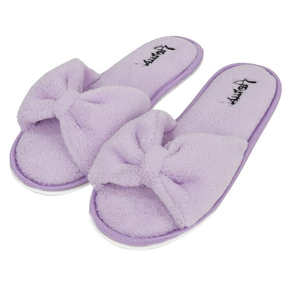 Women's Soft and Cozy Ribbon Plush Bow Sandal Slippers With No-Slip Rubber Sole For Indoor, Outdoor, Spa Use (Purple)