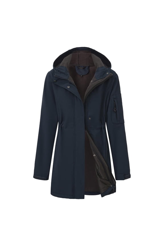 Women's Softshell Jacket with Hood Fleece Lined Windbreaker Zip Up Button Winter Insulated Long Warm Jacket