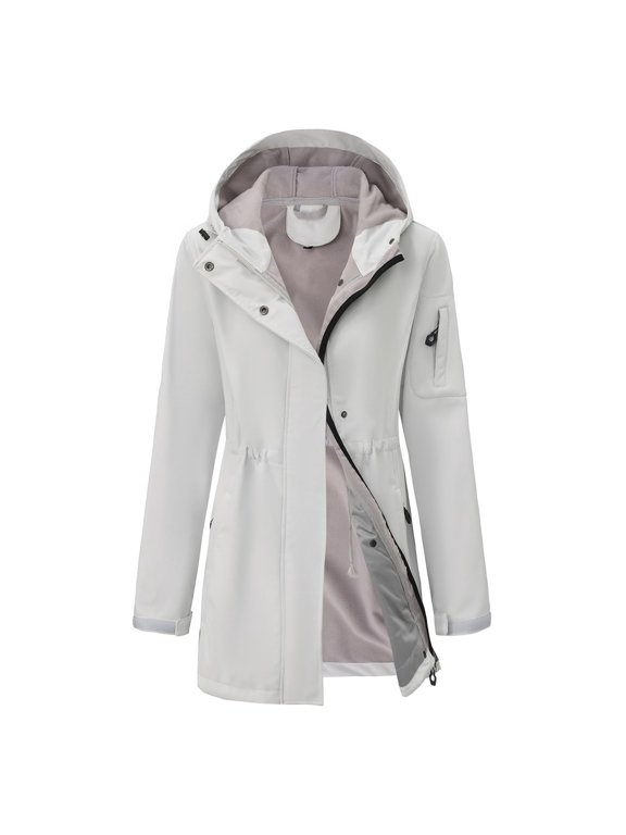 Women's Softshell Jacket with Hood Fleece Lined Windbreaker Zip Up Button Winter Insulated Long Warm Jacket