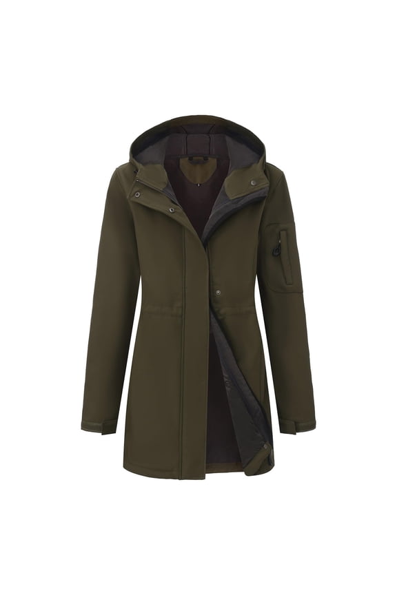 Women's Softshell Jacket with Hood Fleece Lined Windbreaker Zip Up Button Winter Insulated Long Warm Jacket