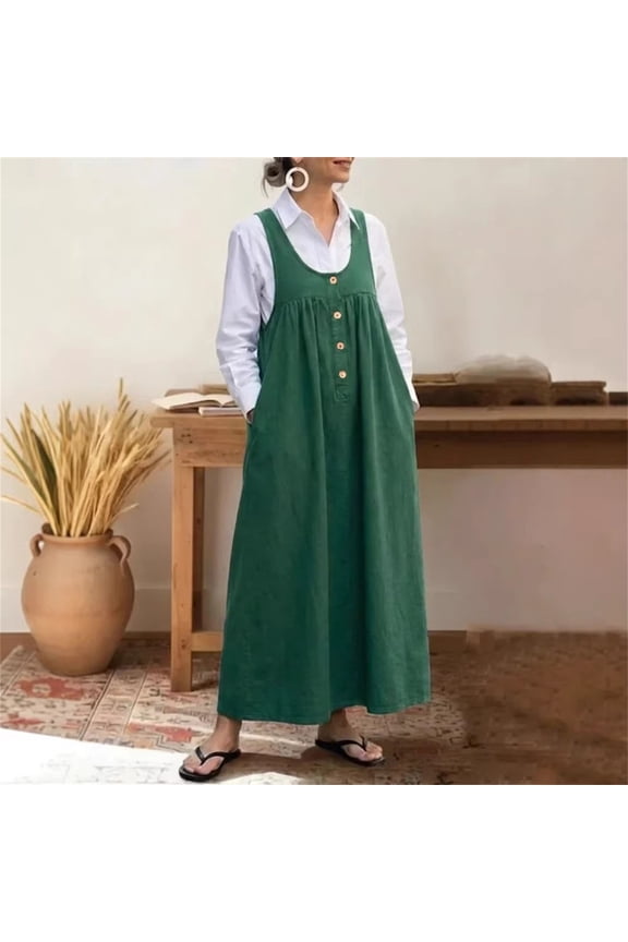 Women's Soild Color Corduroy Jumper Dress, Sleeveless V-Neck Flare Midi Overall Dress with Pockets, Casual Pinafore Tank Dress for Work, Vacation Green XL