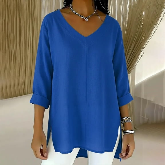 Women's Soild Color Cotton Linen Top, Loose Fit V Neck Casual Shirt, Front Short Back Long 3/4 Sleeve Blouse with Side Slit, Plus Size Tunic for Everyday Wear Blue S
