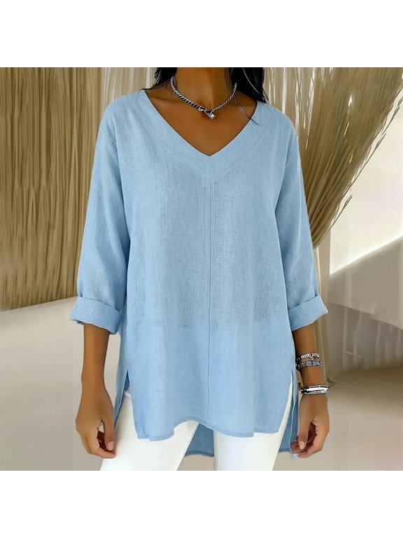 Women's Soild Color Cotton Linen Top, Loose Fit V Neck Casual Shirt, Front Short Back Long 3/4 Sleeve Blouse with Side Slit, Plus Size Tunic for Everyday Wear Light Blue S