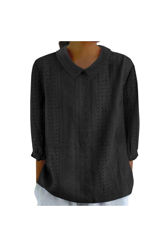 Women's Soild Color Laple Collar Pullover Top, Loose Fit 3/4 Sleeve Shirt with All-Over Eyelet Detail, Casual Solid Color Blouse for Women Summer Black S