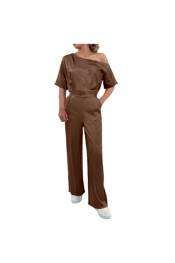 Women's Soild Color Satin Jumpsuit, Elegant Off Shoulder Wide Leg Romper with Side Pockets, High Waisted Casual Jumpsuits for Women Evening and Daily Wear Brown M