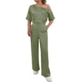 thumbnail image 1 of Women's Soild Color Satin Jumpsuit, Elegant Off Shoulder Wide Leg Romper with Side Pockets, High Waisted Casual Jumpsuits for Women Evening and Daily Wear Green S, 1 of 4
