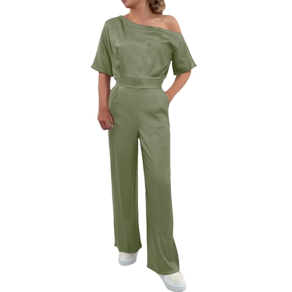 Women's Soild Color Satin Jumpsuit, Elegant Off Shoulder Wide Leg Romper with Side Pockets, High Waisted Casual Jumpsuits for Women Evening and Daily Wear Green S