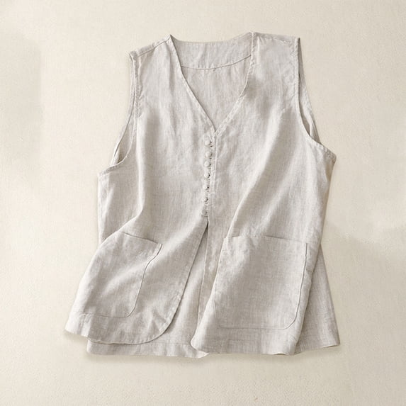 Women's Soild Color Single-Breasted Linen Vest, Sleeveless Casual Cotton Linen Waistcoat Jacket, Lightweight Summer Layering Piece for Tops and Dresses Beige L