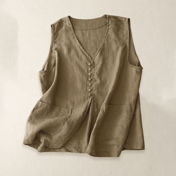 Women's Soild Color Single-Breasted Linen Vest, Sleeveless Casual Cotton Linen Waistcoat Jacket, Lightweight Summer Layering Piece for Tops and Dresses Khaki XXL
