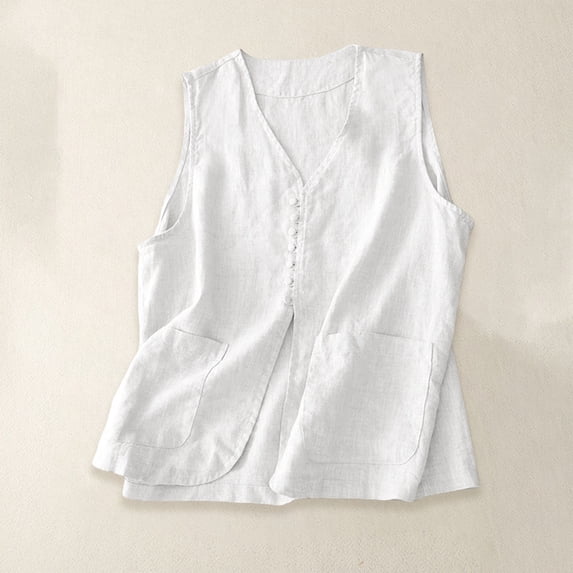 Women's Soild Color Single-Breasted Linen Vest, Sleeveless Casual Cotton Linen Waistcoat Jacket, Lightweight Summer Layering Piece for Tops and Dresses White L