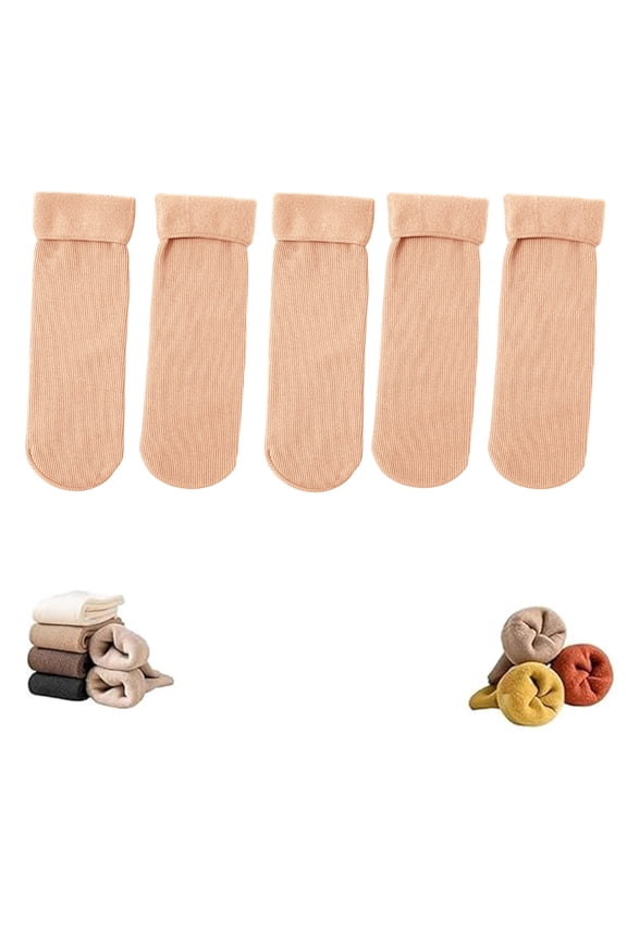 Women's Soild Color Thermal Mid Calf Socks, Fleece Lined Winter Socks, Ultra-Soft Plush Interior & Durable Outer Layer, 5 Pairs Value Pack for Cold Weather - Beige