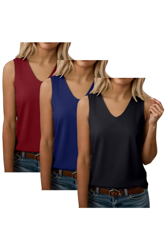 Women's Soild Color Vest 3 Pack, V Neck Sleeveless Tank Top, Soft Stretch Solid Color Workout Undershirt for Gym, Running, Hiking, and Summer Wear Grey L