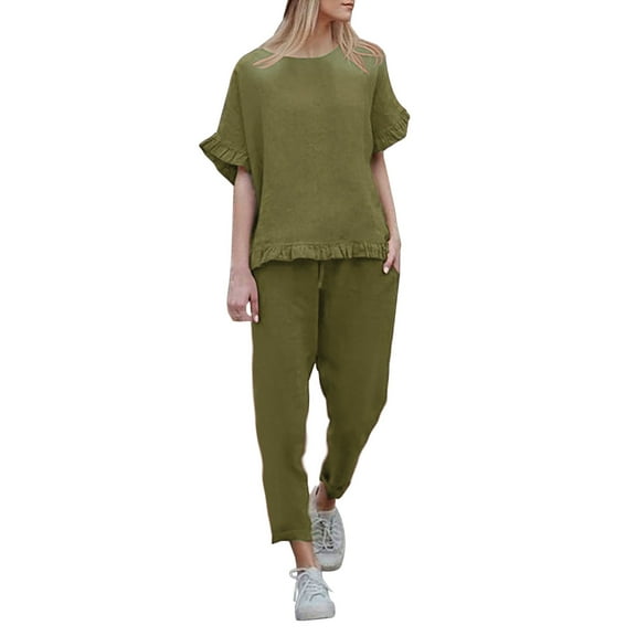 Women’s Solid 2 Piece Outfit Ruffle Short Sleeve Crewneck Pullover Tops and Loose Tapered Pants Lounge Sets with Pockets