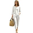 thumbnail image 1 of Women's Solid 2‑Piece Outfit Set, Round Neck 3/4 Sleeve Top & Cropped Ankle Pants, Casual Linen Look Loungewear for Everyday Street Wear，Travel Airport Outfits 2026,White,2XL, 1 of 5