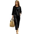 thumbnail image 1 of Women's Solid 2‑Piece Outfit Set, Round Neck 3/4 Sleeve Top & Cropped Ankle Pants, Casual Linen Look Loungewear for Everyday Street Wear，Travel Airport Outfits 2026,Black,2XL, 1 of 5