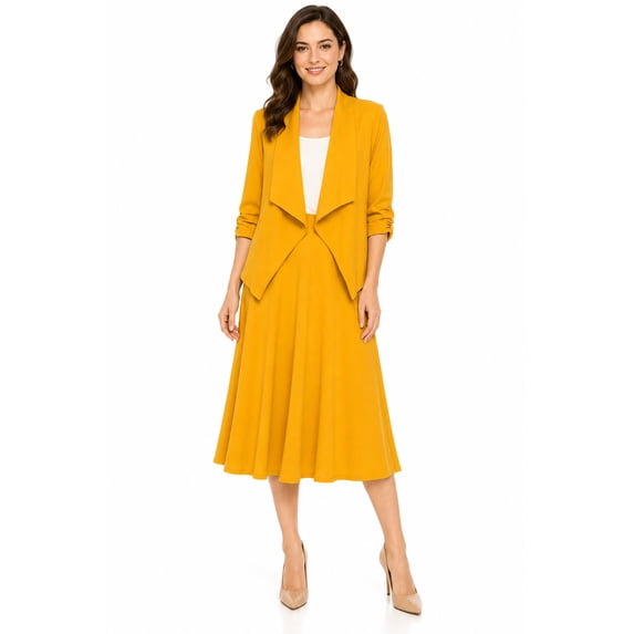 Women's 2-Piece Open Front Blazer and Matching Midi A-Line Skirt Set Mustard S