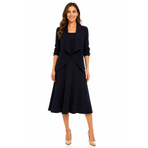 Women's 2-Piece Open Front Blazer and Matching Midi A-Line Skirt Set Navy 1XL