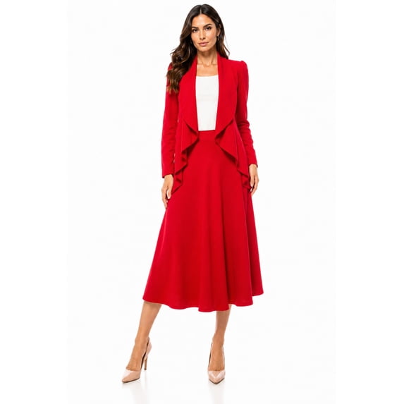 Women's Solid 2-Piece Set Open Front Blazer and Matching Midi Skirt