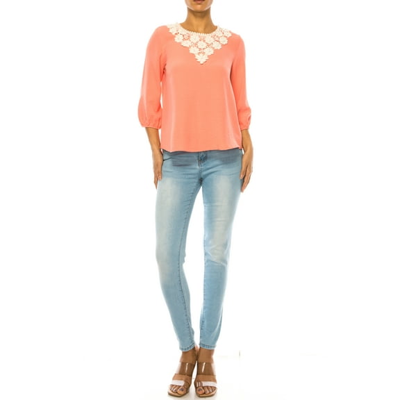 Women's Solid 3/4 Sleeve Blouse with Puff Sleeves and Lace and Pearl Accent