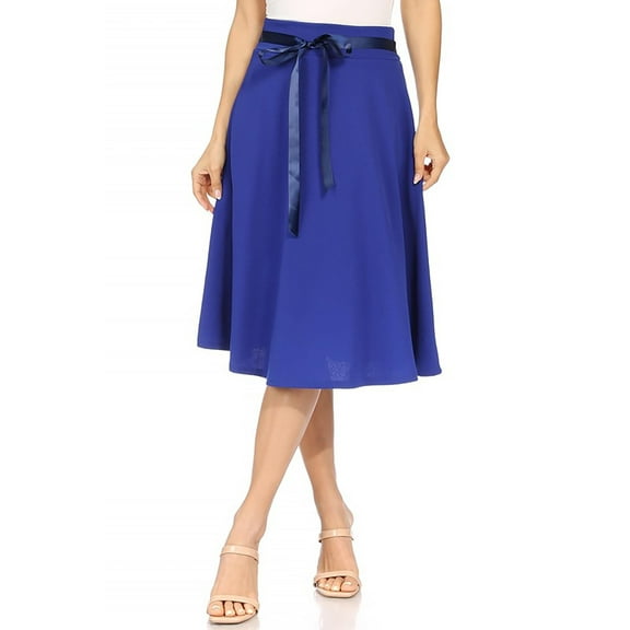 Women's Solid A-line Casual High Waist Bow Tie Belted A Line Midi Knee Length Skirts