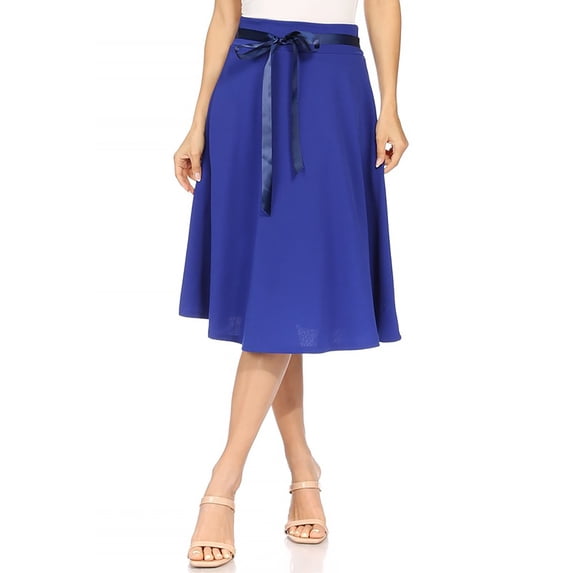 Women's Solid A-line Casual High Waist Bow Tie Belted A Line Midi Knee Length Skirts