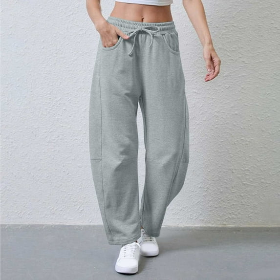 Women's Solid Barrel Wide Leg Sweatpant Drawstring Elastic Waisted Wide Leg Pants Casual Trousers With Pockets (XXL, Gray)