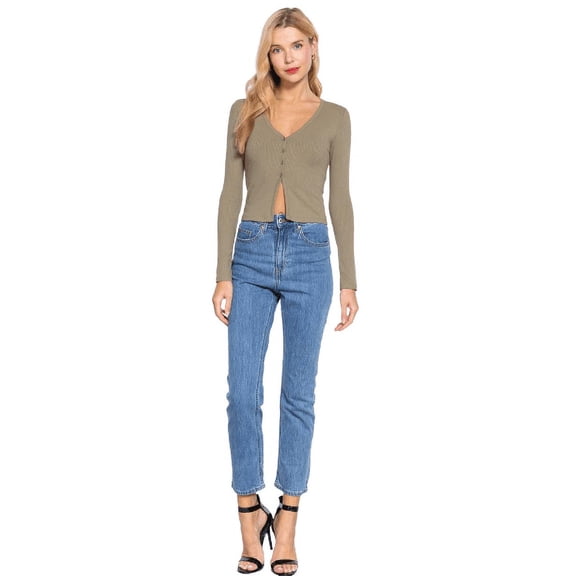 Women's Solid Basic Button Up Long Sleeve Top, Olive Oil, M