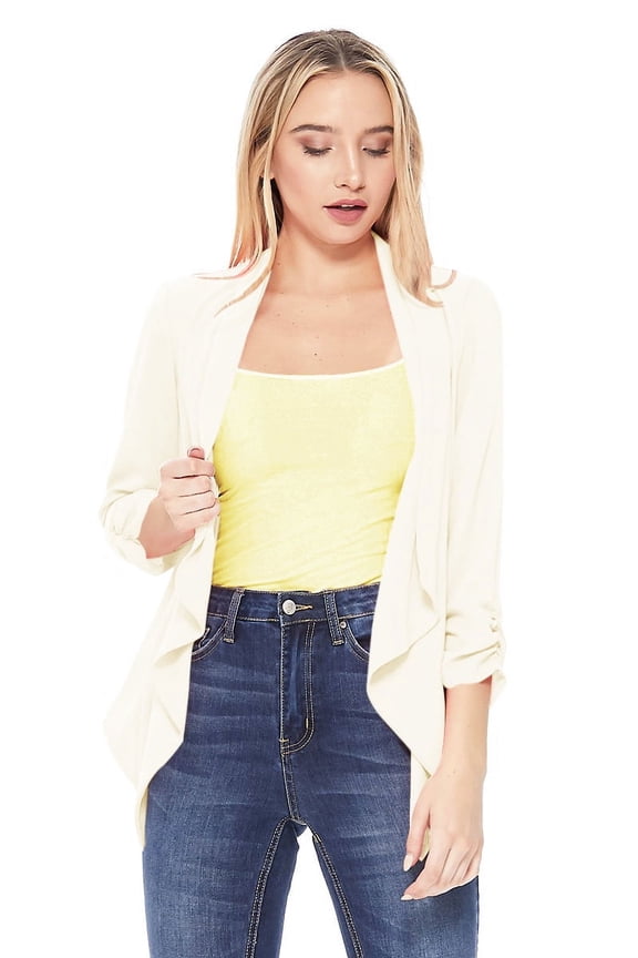 Women's Solid Basic Casual Draped Neck Open Front Ruched Sleeve Outerwear Cardigan