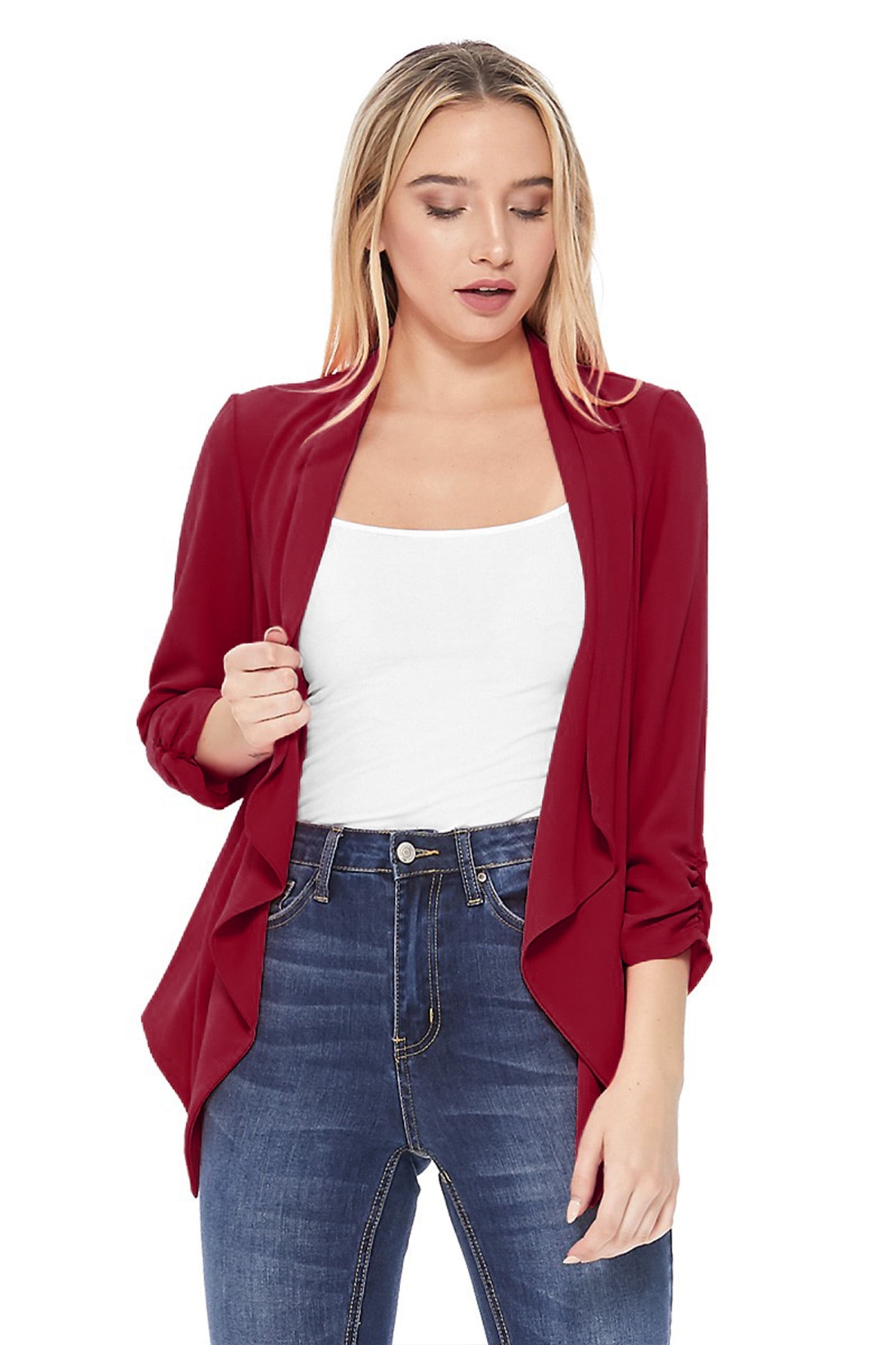 Women s Solid Basic Casual Draped Neck Open Front Ruched Sleeve