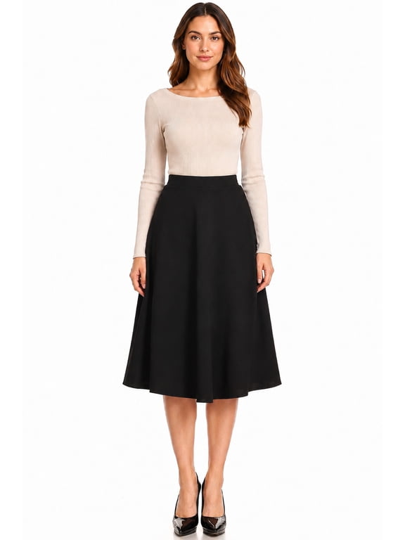 Women's Solid Basic Casual Elastic Waist A-line Flared Midi Skirt S-3XL