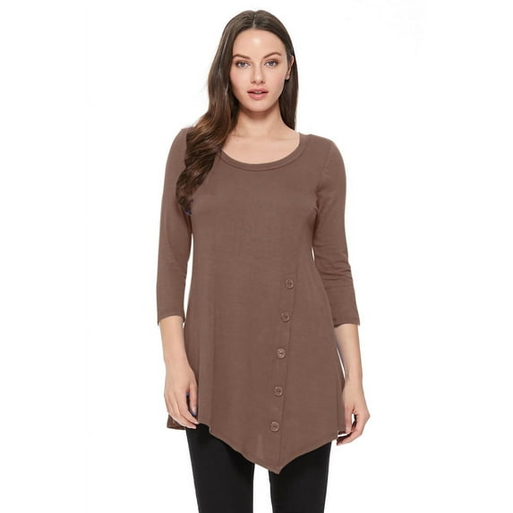 Women's Solid Basic Casual Side Button Trim Round Neck Blouse Shirt Tunic Top