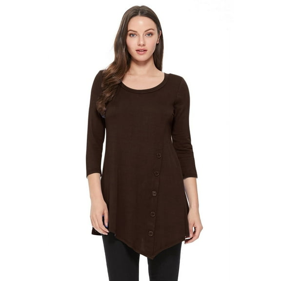 Women's Solid Basic Casual Side Button Trim Round Neck Blouse Shirt Tunic Top