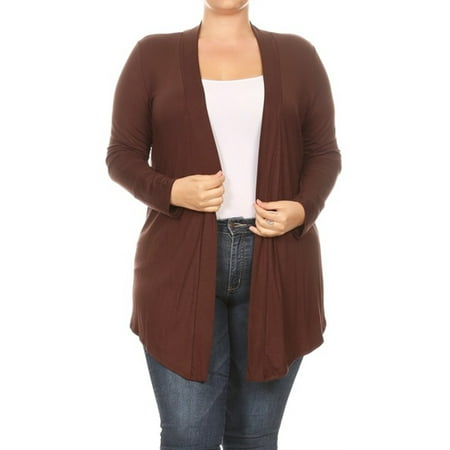Women's Plus Size Solid Open Draped Front Long Sleeve Relaxed Cardigan