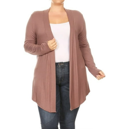 Women's Plus Size Solid Open Draped Front Long Sleeve Relaxed Cardigan