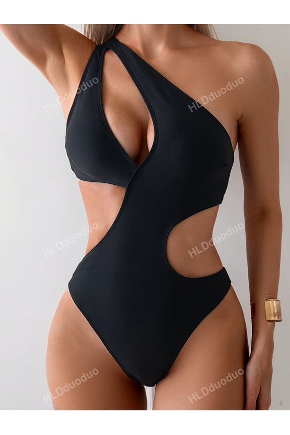 Women’s Solid Black Asymmetrical Halter One Piece Swimsuit, Deep V Front & Side Waist Cutout Tummy Control High Cut Cheeky Slimming Bathing Suit, Quick Dry Chlorine Resistant Trendy Fashion Swimwear